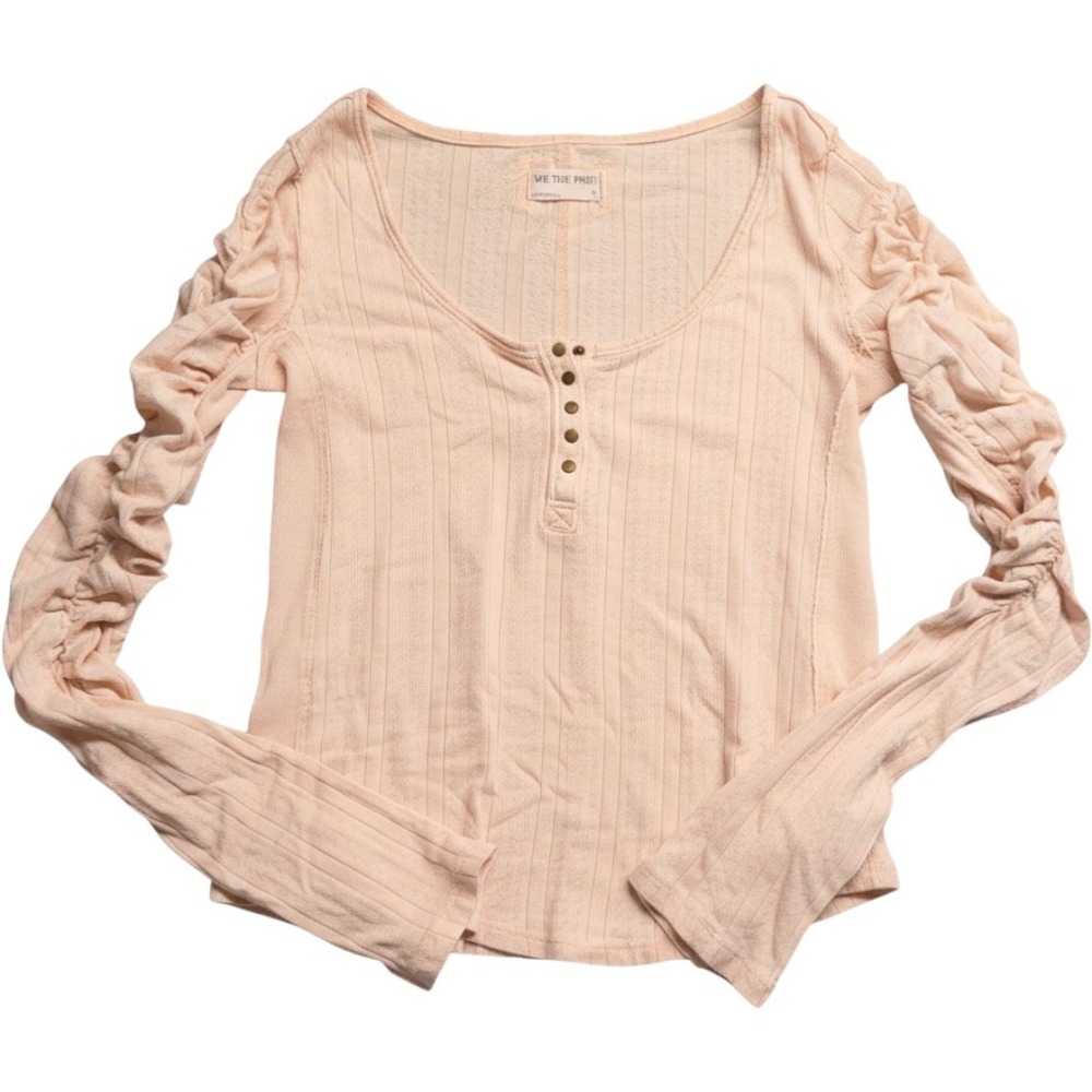 We The Free Free People Henley Top Peach Pointelle Ruched Sleeve Cotton Medium
